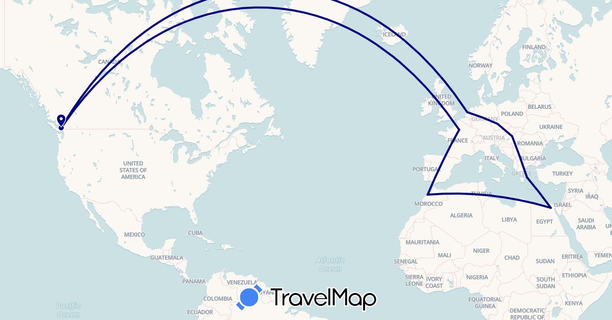 TravelMap itinerary: driving in Canada, Czech Republic, Egypt, France, Greece, Hungary, Morocco, Netherlands (Africa, Europe, North America)